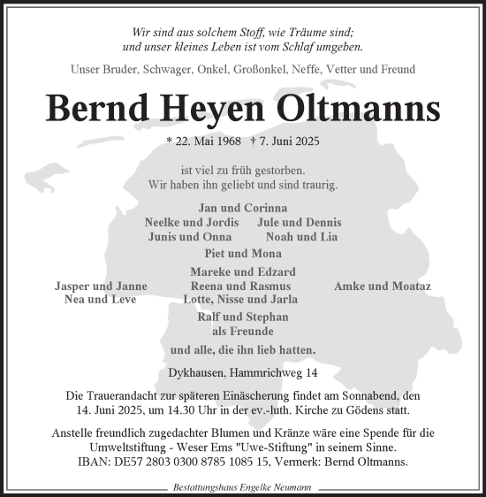 Traueranzeige von Bernd Heyen Oltmanns von Ostfriesischer Kurier
