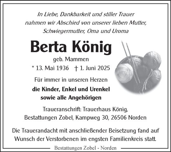 Traueranzeige von Berta König von Ostfriesischer Kurier