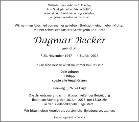 Traueranzeige von Dagmar Becker von Ostfriesischer Kurier