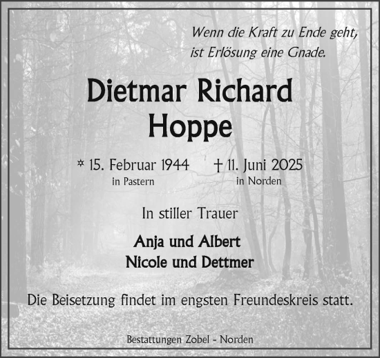 Traueranzeige von Dietmar Hoppe von Ostfriesischer Kurier