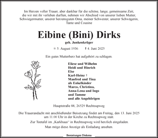 Traueranzeige von Eibine Dirks von Ostfriesischer Kurier