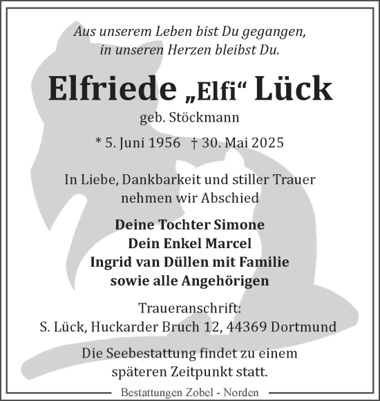 Traueranzeige von Elfriede Lück von Ostfriesischer Kurier
