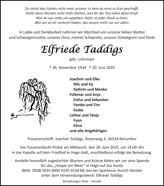 Traueranzeige von Elfriede Taddigs von Ostfriesischer Kurier
