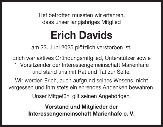 Traueranzeige von Erich Davids von Ostfriesischer Kurier