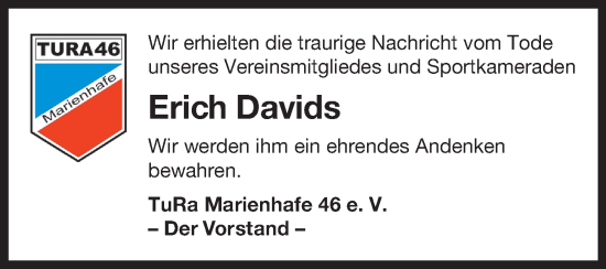 Traueranzeige von Erich Davids von Ostfriesischer Kurier
