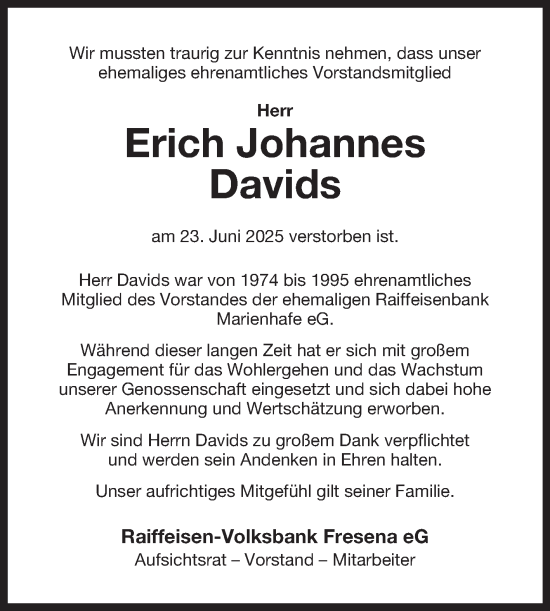 Traueranzeige von Erich Johannes Davids von Ostfriesischer Kurier