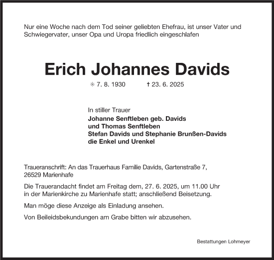 Traueranzeige von Erich Johannes Davids von Ostfriesischer Kurier