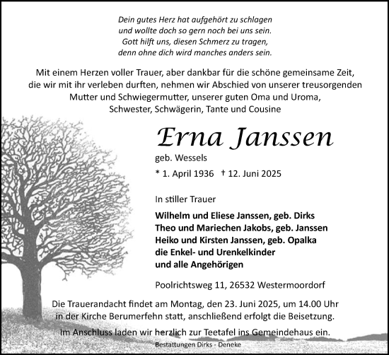 Traueranzeige von Erna Janssen von Ostfriesischer Kurier