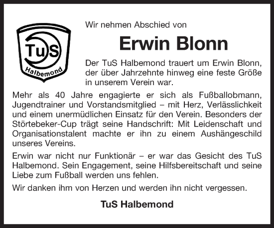 Traueranzeige von Erwin Blonn von Ostfriesischer Kurier