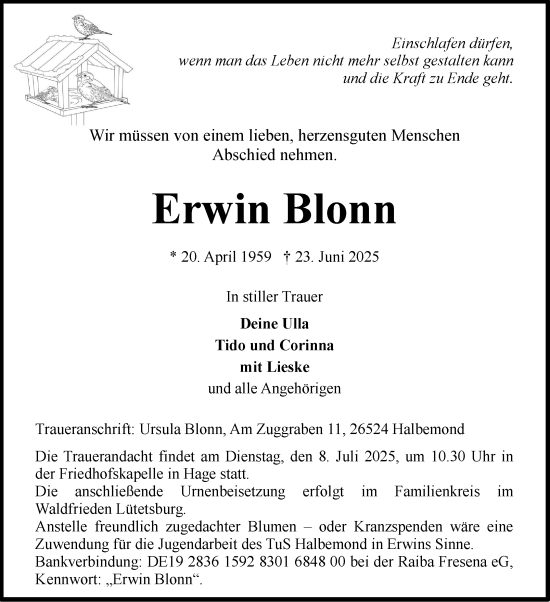 Traueranzeige von Erwin Blonn von Ostfriesischer Kurier