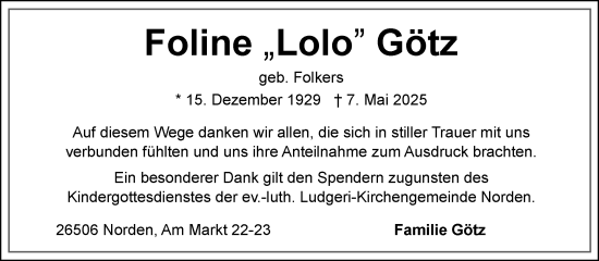 Traueranzeige von Foline Götz von Ostfriesischer Kurier