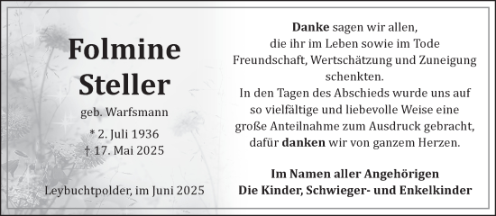 Traueranzeige von Folmine Steller von Ostfriesischer Kurier