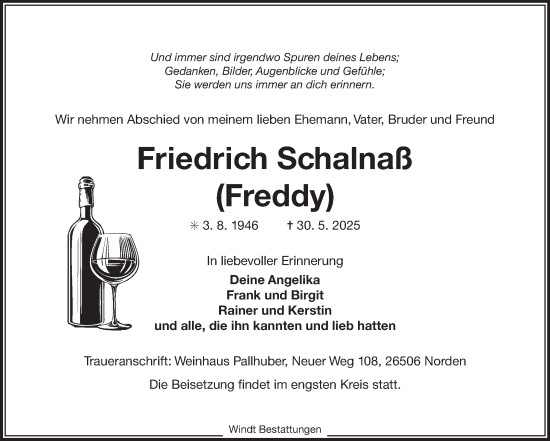 Traueranzeige von Friedrich Schalnaß von Ostfriesischer Kurier