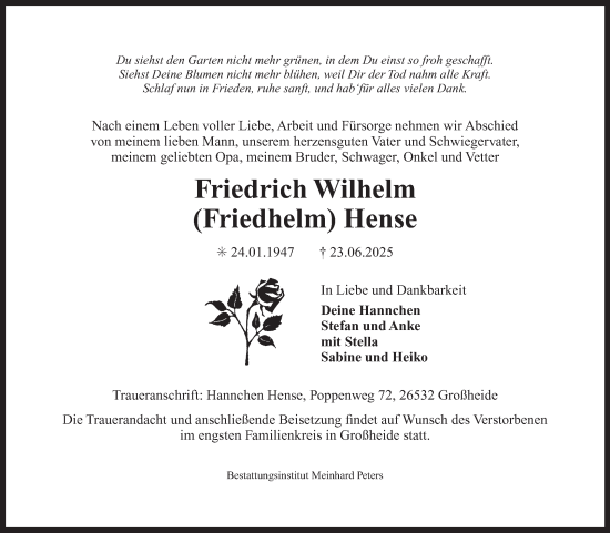Traueranzeige von Friedrich Wilhelm Hense von Ostfriesischer Kurier