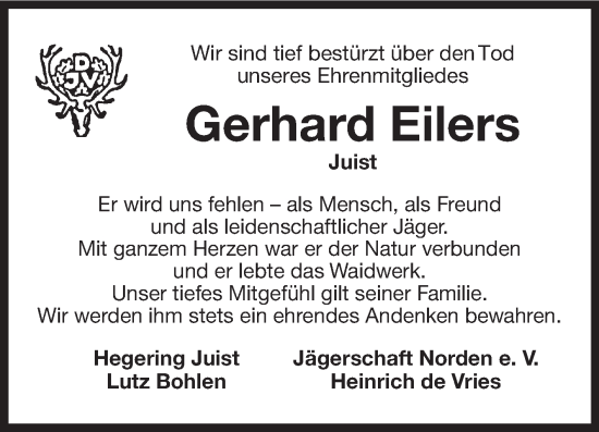 Traueranzeige von Gerhard Eilers von Ostfriesischer Kurier