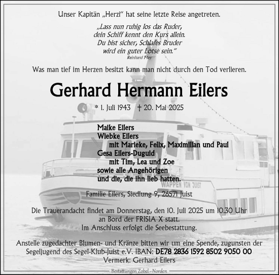 Traueranzeige von Gerhard  Eilers von Ostfriesischer Kurier