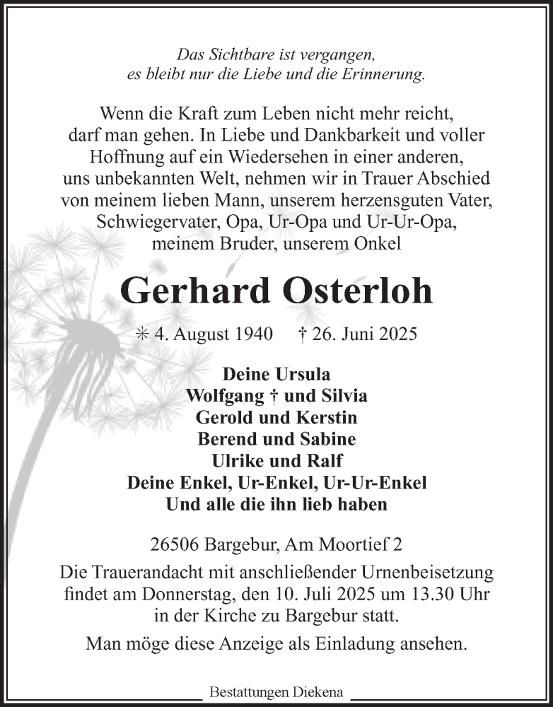  Traueranzeige für Gerhard Osterloh vom 28.06.2025 aus Ostfriesischer Kurier