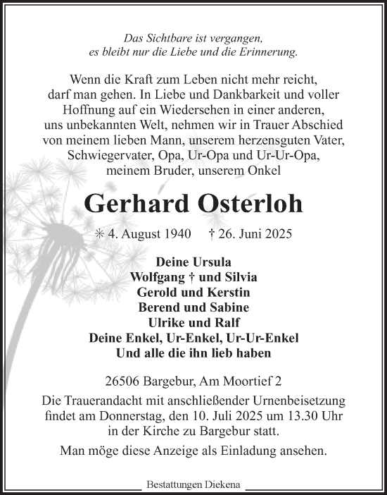 Traueranzeige von Gerhard Osterloh von Ostfriesischer Kurier