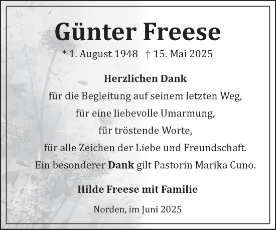 Traueranzeige von Günter Freese von Ostfriesischer Kurier