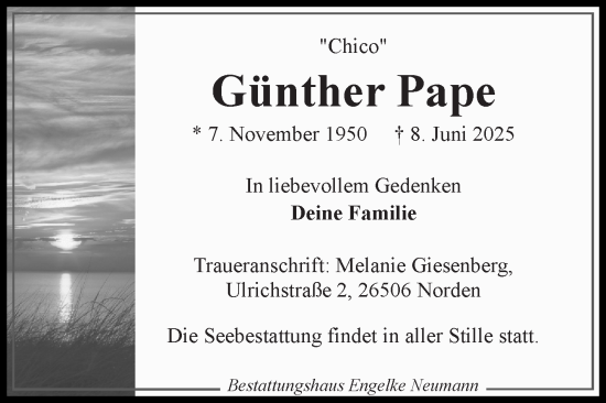 Traueranzeige von Günther Pape von Ostfriesischer Kurier