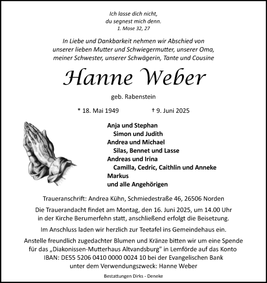 Traueranzeige von Hanne Weber von Ostfriesischer Kurier