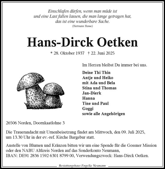 Traueranzeige von Hans-Dirck Oetken von Ostfriesischer Kurier