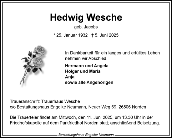 Traueranzeige von Hedwig Wesche von Ostfriesischer Kurier