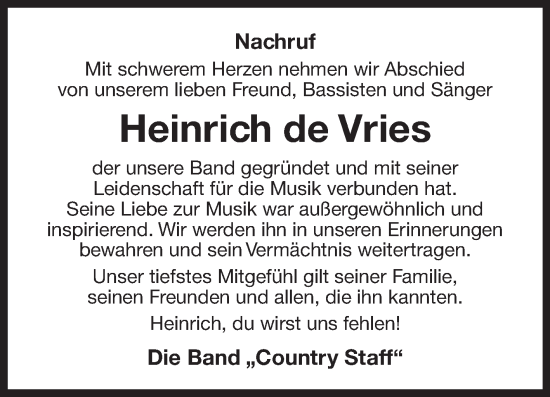 Traueranzeige von Heinrich de Vries von Ostfriesischer Kurier