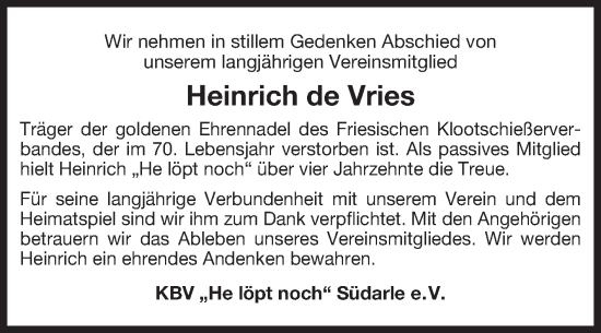 Traueranzeige von Heinrich de Vries von Ostfriesischer Kurier