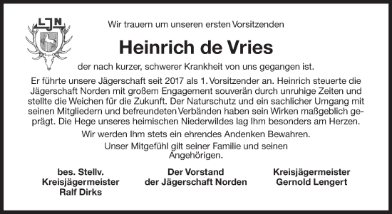 Traueranzeige von Heinrich de Vries von Ostfriesischer Kurier