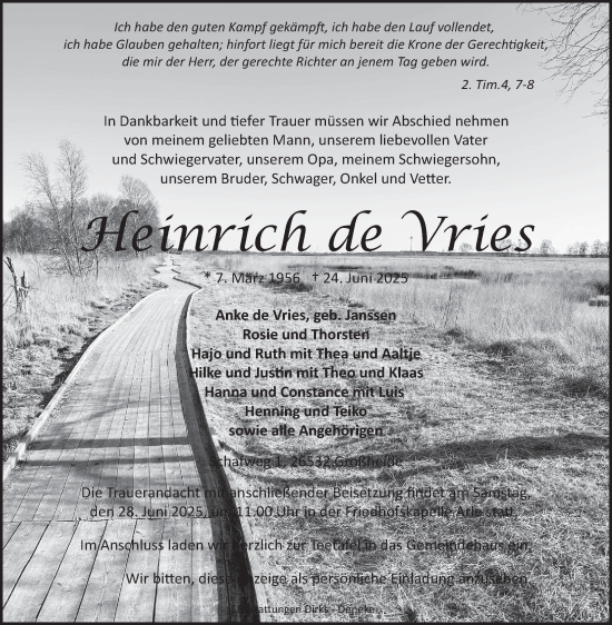 Traueranzeige von Heinrich de Vries von Ostfriesischer Kurier
