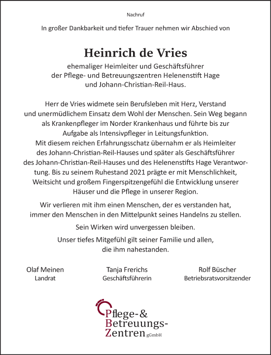 Traueranzeige von Heinrich de Vries von Ostfriesischer Kurier