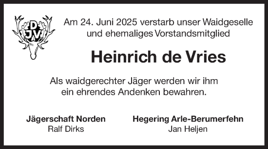 Traueranzeige von Heinrich de Vries von Ostfriesischer Kurier