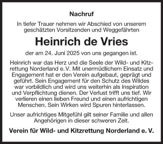 Traueranzeige von Heinrich de Vries von Ostfriesischer Kurier