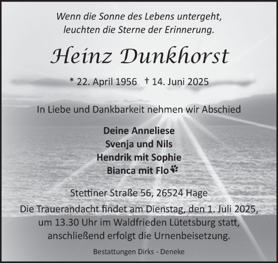 Traueranzeige von Heinz Dunkhorst von Ostfriesischer Kurier