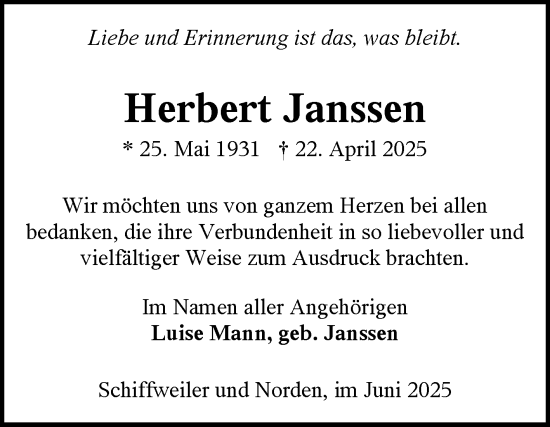 Traueranzeige von Herbert Janssen von Ostfriesischer Kurier