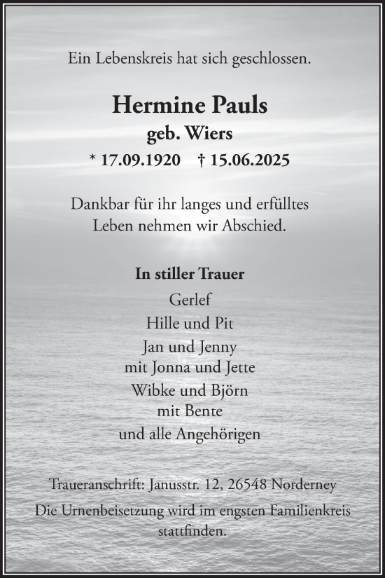 Traueranzeige von Hermine Pauls von Ostfriesischer Kurier