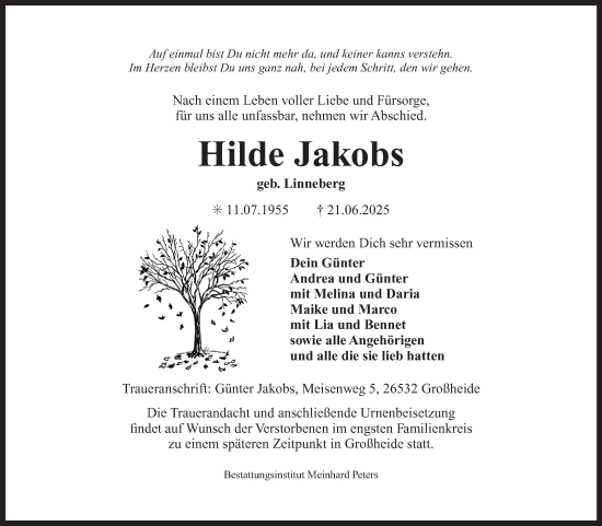 Traueranzeige von Hilde Jakobs von Ostfriesischer Kurier