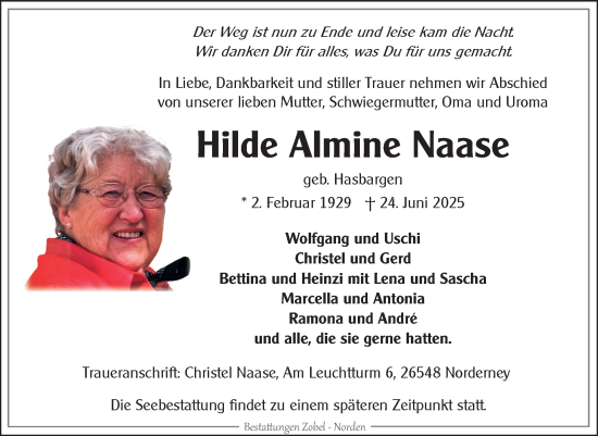 Traueranzeige von Hilde Almine Naase von Ostfriesischer Kurier