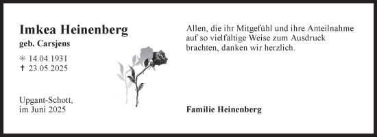Traueranzeige von Imkea Heinenberg von Ostfriesischer Kurier