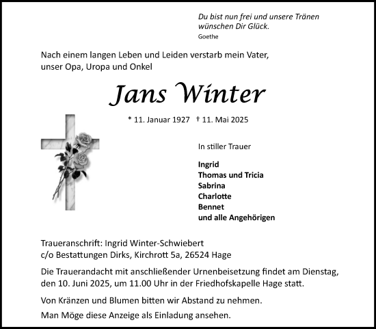 Traueranzeige von Jans Winter von Ostfriesischer Kurier