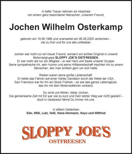 Traueranzeige von Jochen Wilhelm Osterkamp von Ostfriesischer Kurier
