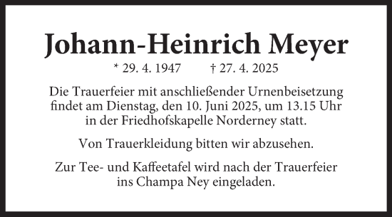 Traueranzeige von Johann-Heinrich Meyer von Ostfriesischer Kurier