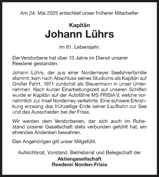 Traueranzeige von Johann Lührs von Ostfriesischer Kurier