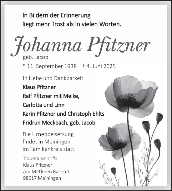 Traueranzeige von Johanna Pfitzner von Ostfriesischer Kurier
