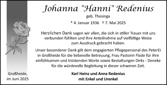 Traueranzeige von Johanna Redenius von Ostfriesischer Kurier