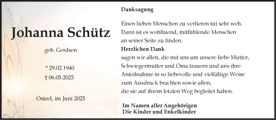 Traueranzeige von Johanna Schütz von Ostfriesischer Kurier