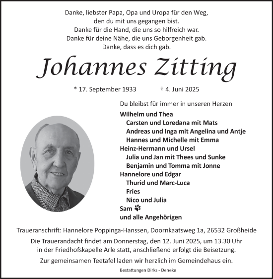 Traueranzeige von Johannes Zitting von Ostfriesischer Kurier