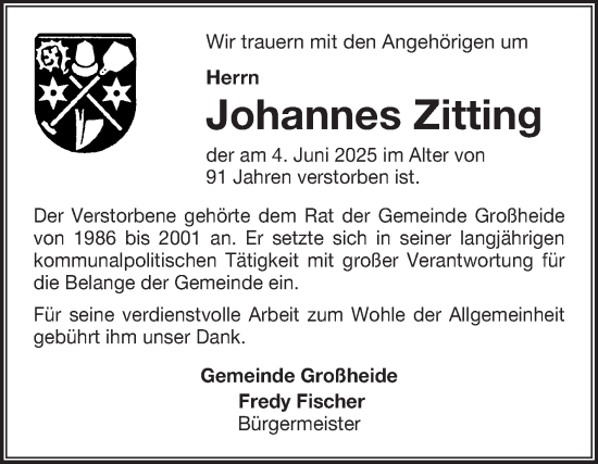 Traueranzeige von Johannes Zitting von Ostfriesischer Kurier