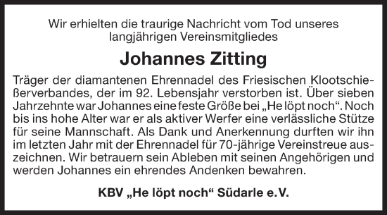 Traueranzeige von Johannes Zitting von Ostfriesischer Kurier